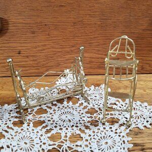 Vintage Brass-Finished Dollhouse Nursery Furniture – High Chair & Cradle – Mini
